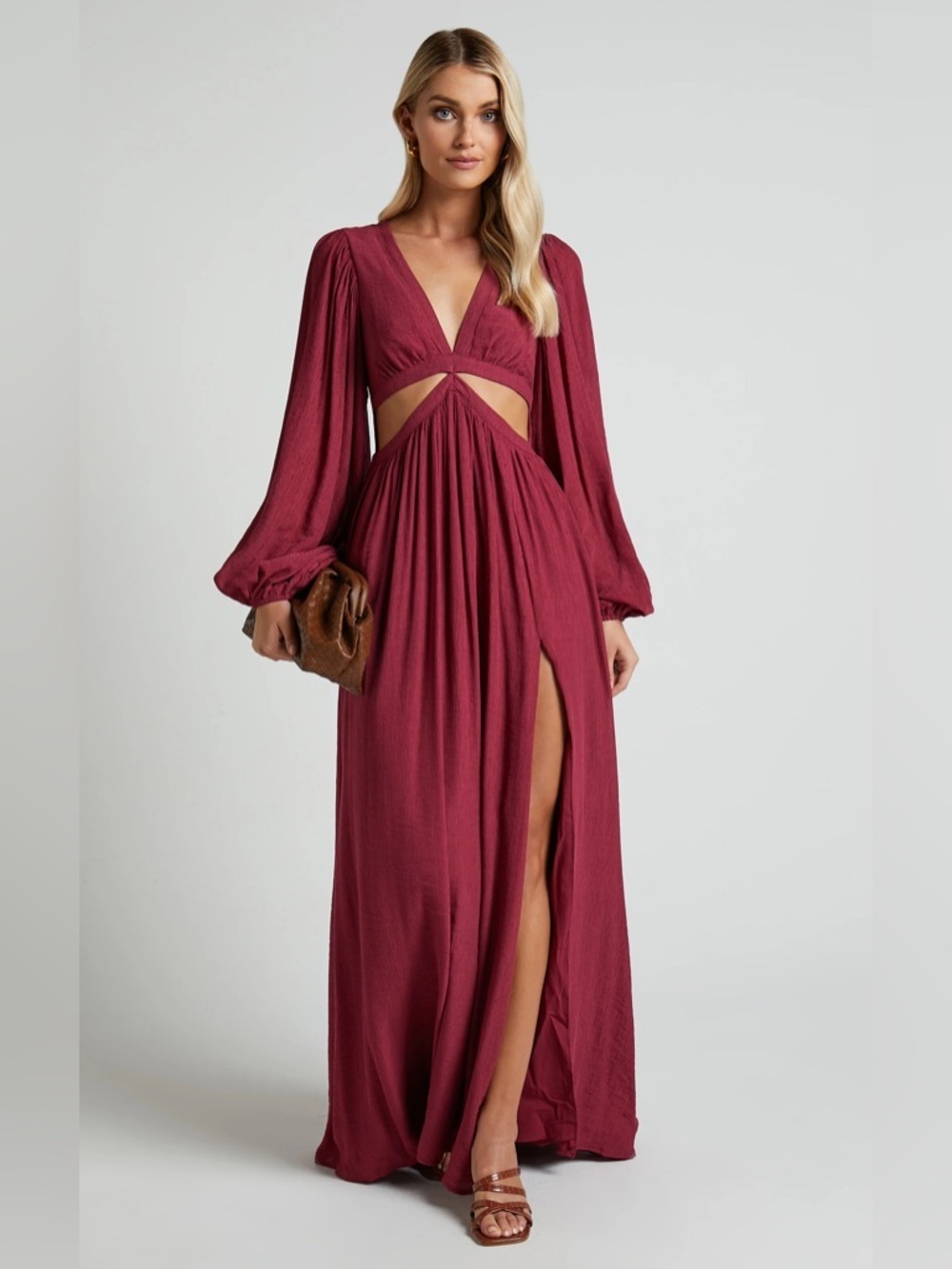 NWT Showpo. PAIGE MAXI Side Cut Out Balloon Sleeve Dress In Mulberry